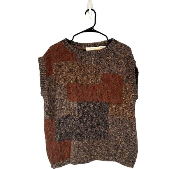 Cassidy Brown Earthy Patchwork Short Sleeve Linen Blend Knit Sweater Women Sz L - Picture 1 of 6